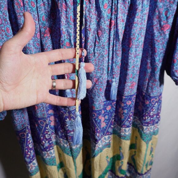 Peacock Novelty Print Bohemian Midi Dress Long Sleeve Quirky Sz XL Peasant - Picture 3 of 6